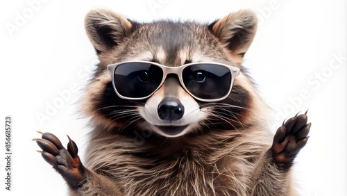 Amused raccoon wearing trendy shades, displaying a cool gesture, isolated on a pure white background, evoking a playful, carefree atmosphere.