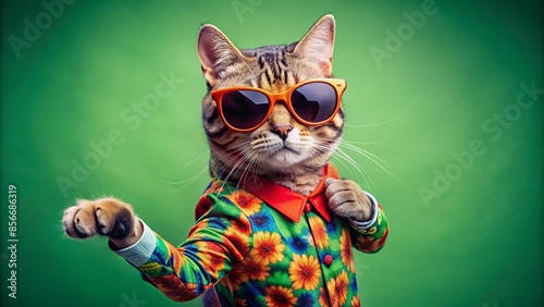 Vibrant feline fashionista dons trendy shades and stylish attire, grooving to the beat on a lush green background, exuding confidence and playful charm. photo