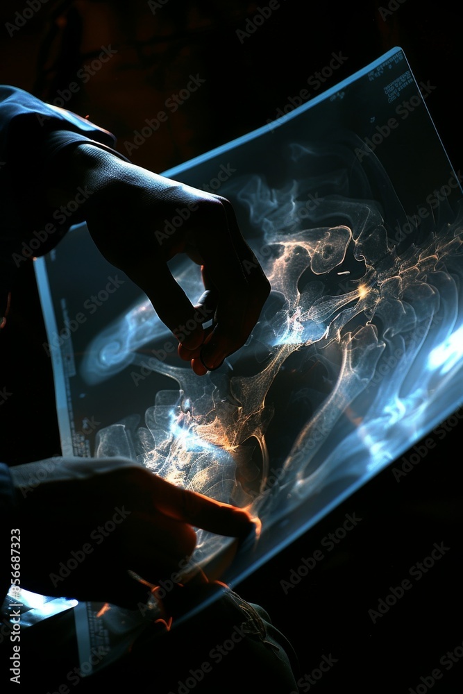 Doctor with X-Rays: A doctor examining X-ray films along with related medical documents. Doctor with X-Rays: A doctor examining X-ray films along with related medical documents.