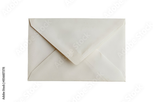 Close-up of a sealed, plain white envelope isolated on a white background, perfect for business or personal mailings.