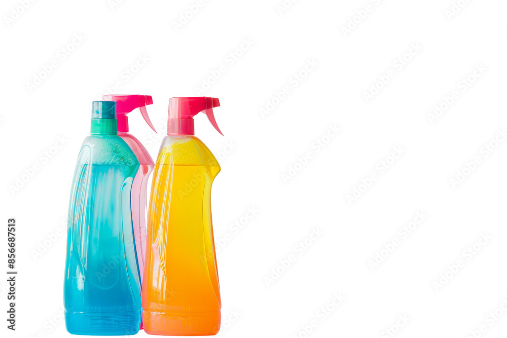 Colorful cleaning spray bottles isolated on white background, perfect for advertising and promoting household cleaning products. Colorful cleaning spray bottles isolated on white background, perfect for advertising and promoting household cleaning products.
