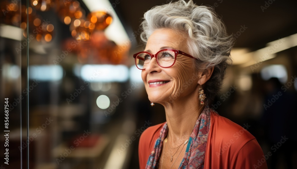 Senior woman in optical store in shopping mall Senior woman in optical store in shopping mall