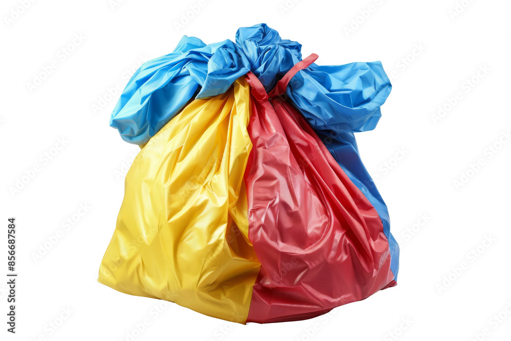 Colorful plastic bag with blue, yellow, and red sections tied at the top, ideal for waste disposal and recycling stock photo. Colorful plastic bag with blue, yellow, and red sections tied at the top, ideal for waste disposal and recycling stock photo.