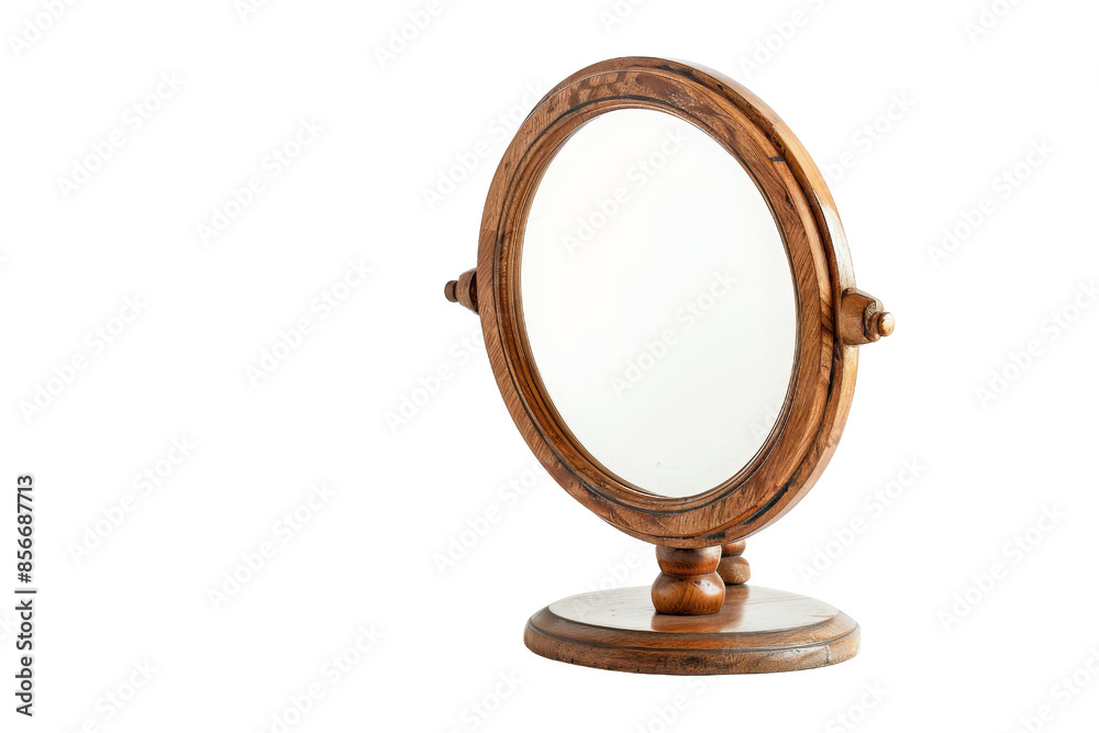Elegant round wooden table mirror with stand, perfect for vintage decor and detailed reflection view in any room. Elegant round wooden table mirror with stand, perfect for vintage decor and detailed reflection view in any room.