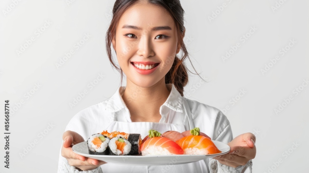 young Asian beautiful woman cook in uniform holding a plate with an appetizing set of rolls in her hands, smiling, looking at the camera, studio shooting, white background young Asian beautiful woman cook in uniform holding a plate with an appetizing set of rolls in her hands, smiling, looking at the camera, studio shooting, white background