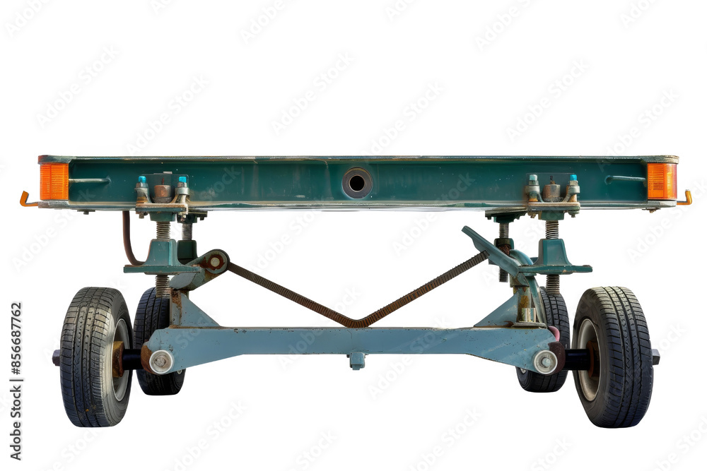 Front view of an industrial metal frame with wheels, used for assembling machinery or heavy transport equipment on a white background.