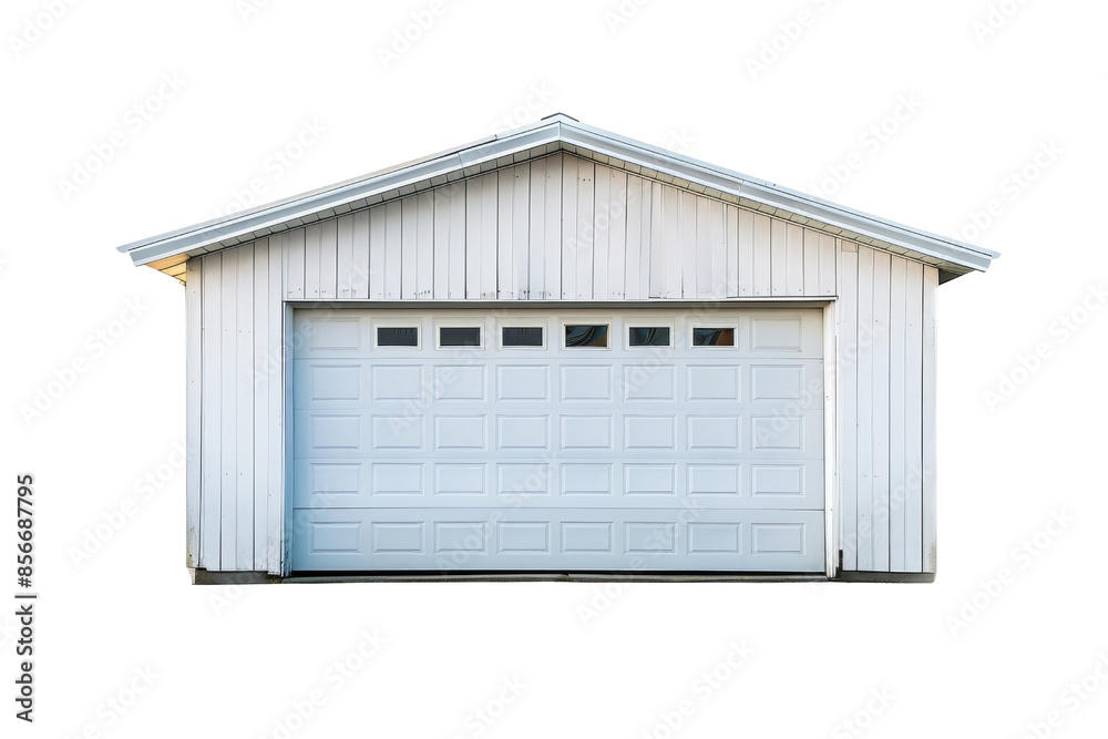 Front view of a white garage with a closed door, framed by a white wooden exterior and small windows above the door. Front view of a white garage with a closed door, framed by a white wooden exterior and small windows above the door.