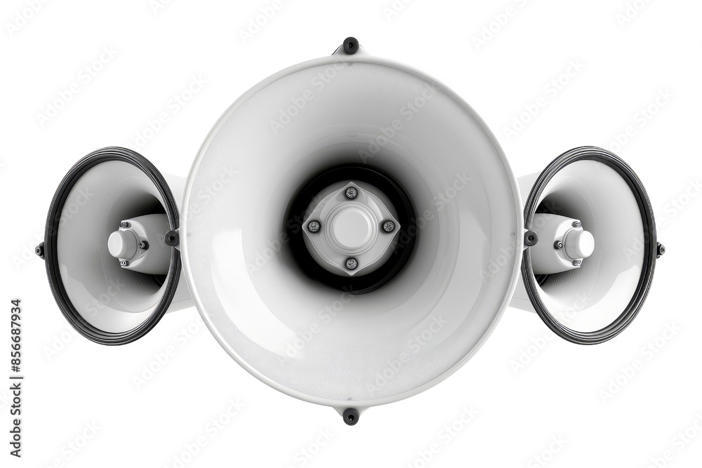 High-quality stock image of three gray loudspeakers isolated on a white background. Perfect for advertising, announcements, and communication themes. High-quality stock image of three gray loudspeakers isolated on a white background. Perfect for advertising, announcements, and communication themes.
