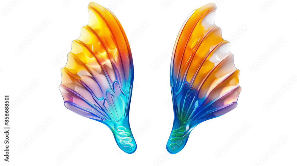 Vibrant and colorful translucent fairy wings with a gradient of orange, blue, and purple hues. Ideal for fantasy and magical themes. Vibrant and colorful translucent fairy wings with a gradient of orange, blue, and purple hues. Ideal for fantasy and magical themes.