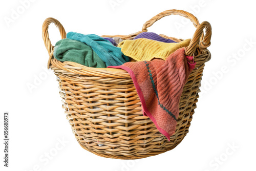 A wicker laundry basket filled with colorful clothes, capturing the essence of household chores with a charming and homely touch.