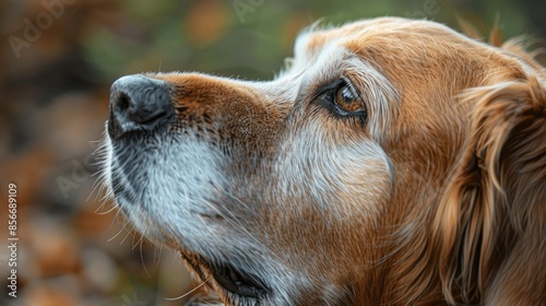 Old golden retriever s head gazing into the distance up close photo