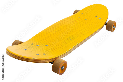 Bright yellow skateboard with wooden deck and orange wheels, ideal for outdoor sports, street tricks, and skateboarding enthusiasts. photo