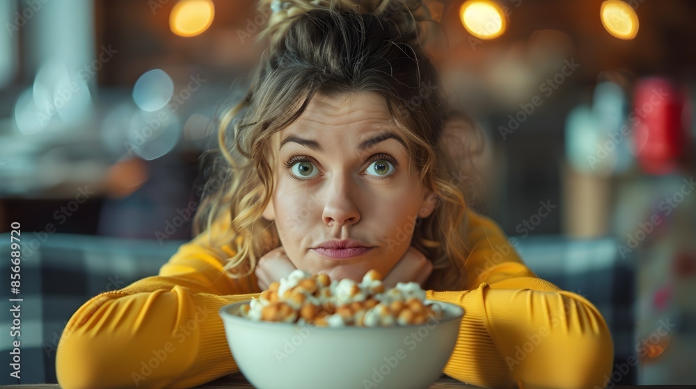 Relaxed woman enjoying a bowl of snacks at home while contemplating Relaxed woman enjoying a bowl of snacks at home while contemplating