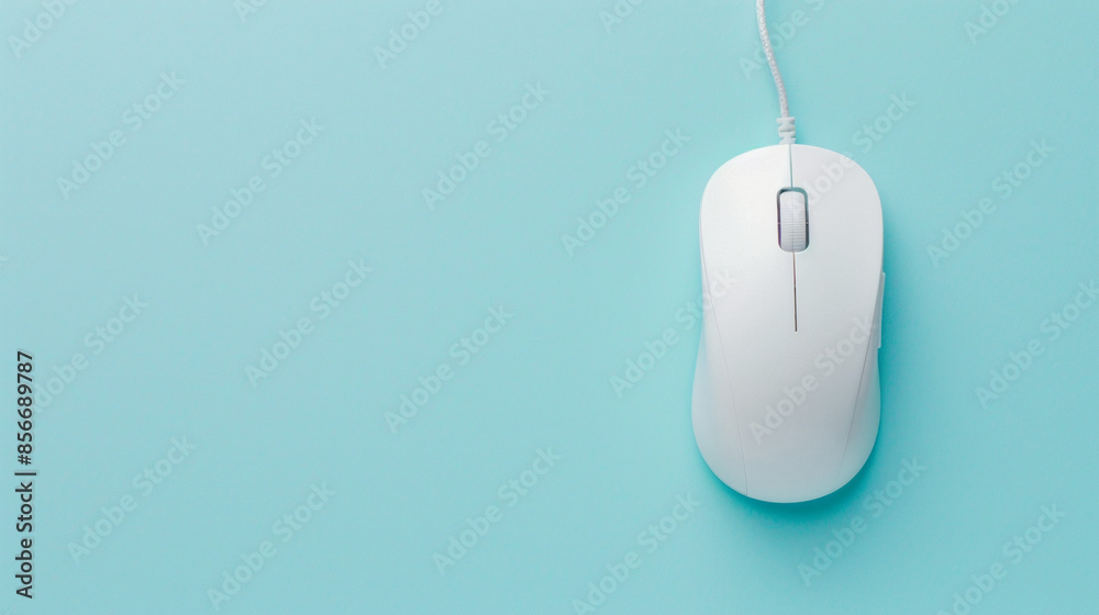 Wired mouse on light blue background, top view. Wired mouse on light blue background, top view.