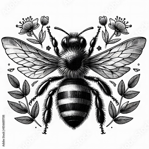 Engrave isolated bee hand-drawn graphic illustration. Honey bee vintage vector drawing. Hand-drawn isolated insect ske photo