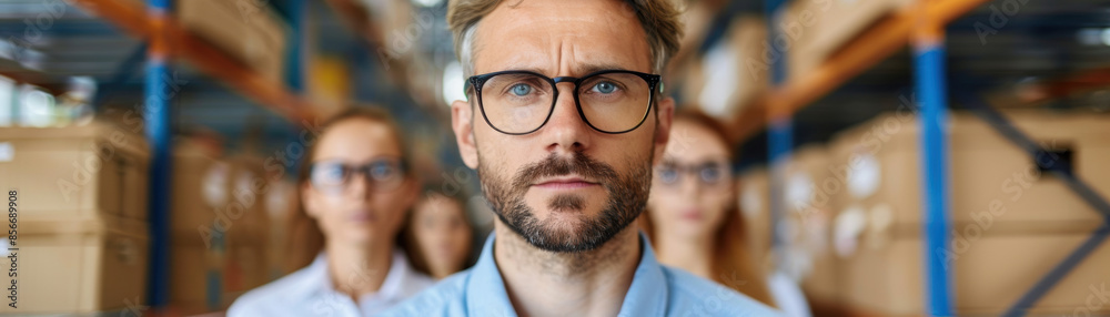 A man with glasses stands in front of a group of people A man with glasses stands in front of a group of people