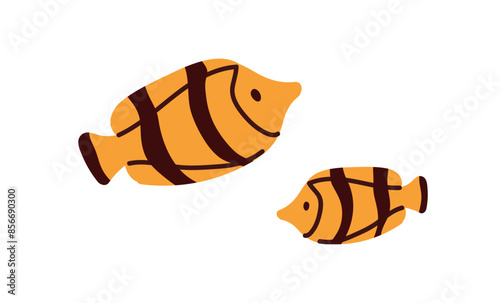 Underwater sea fishes. Yellow, black striped small marine fauna species swimm...
