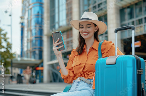 A woman sitting on a bench with her luggage, wearing an orange shirt and white hat is holding up her phone to check in for a flight while smiling at it
