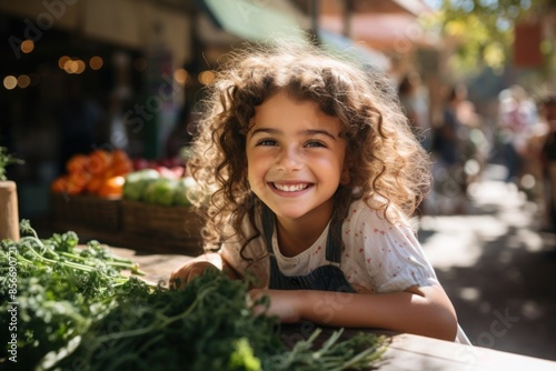 Young girl with curly hair smiling brightly at a green market.