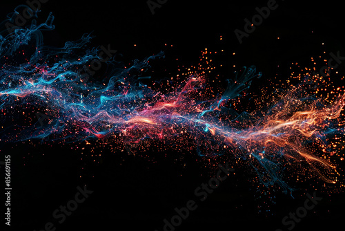 Fireworks trail glow particles explosion on black background. © Jiranun