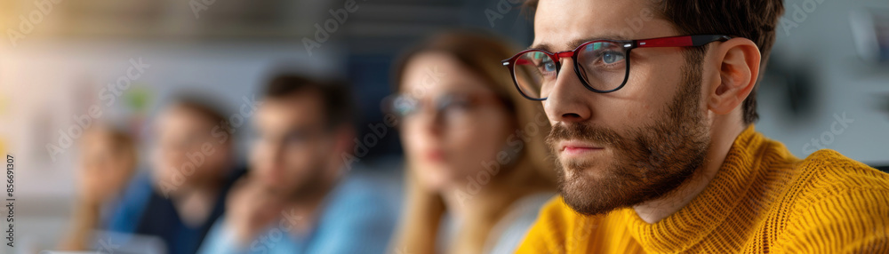 A man with glasses is looking at a group of people