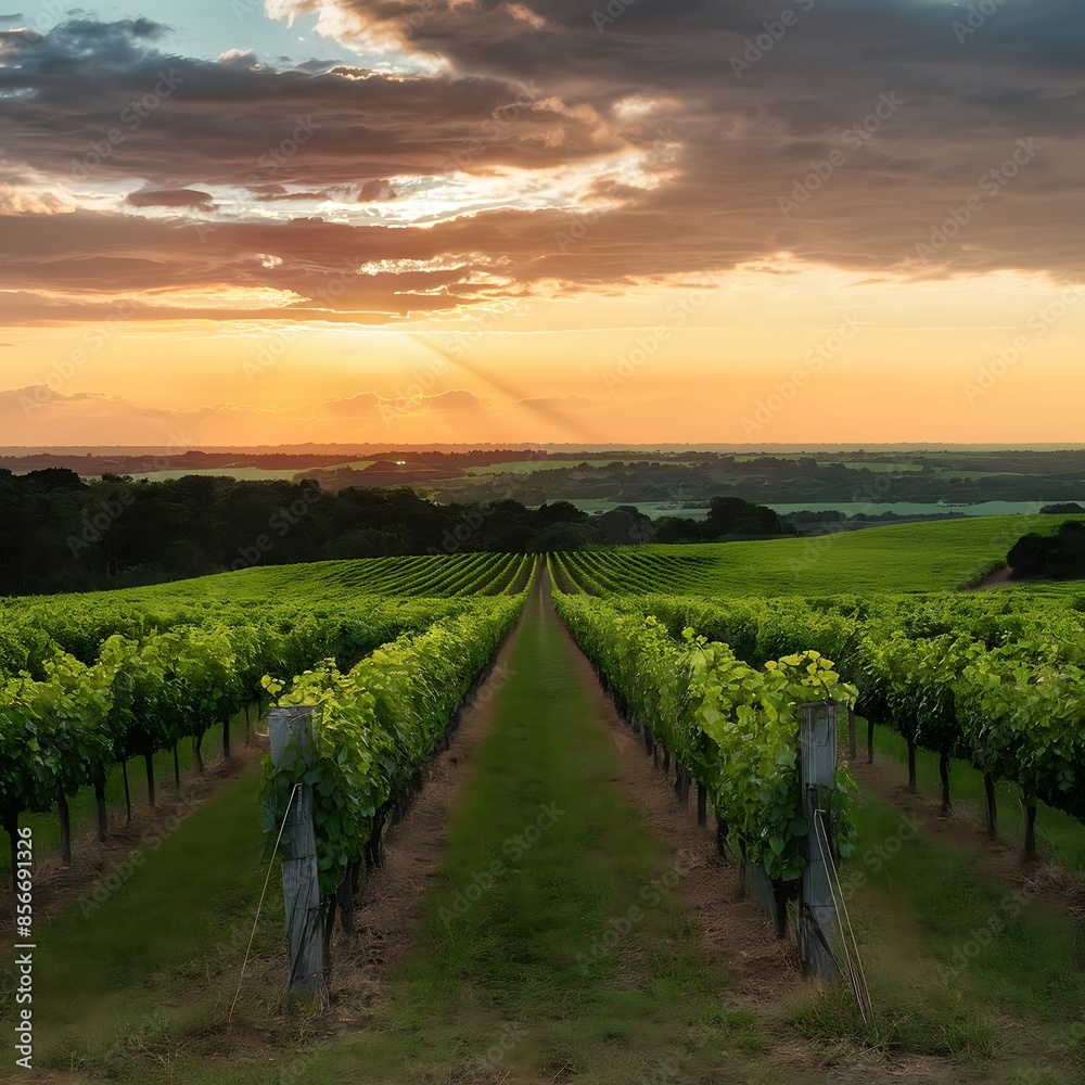 Fototapeta premium vineyard in autumn, vineyard in the morning, vineyard at sunset, vineyard in the morning, plant, valley, winery, france, grass, meadow, blue, road, sunset, land, farmland, farming, crop, horizon