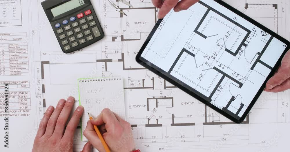 Contractors discuss changes to floor plan working on tablet upper view. Designers check safety of future residential building with blueprints