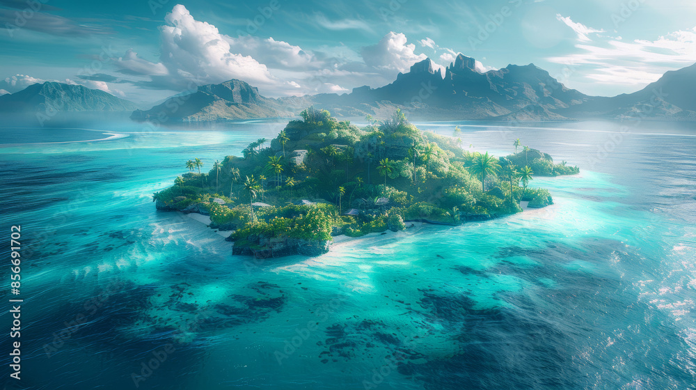 Fototapeta premium Tropical Island, Nature landscape, crystal blue sea, lush jungle, 300 DPI