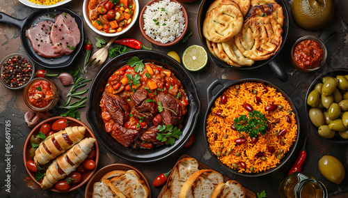 Assorted Spanish food and rice dishes shot from overhead composition, perfect for culinary, cultural, and event-related usage.