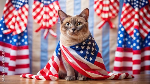 A Cat Wearing An American Flag Sits In Front Of A Patriotic Background. photo