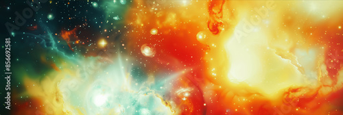 Abstract space with scattered images of bright elements. Cosmic background showing colorful nebulae and star clusters