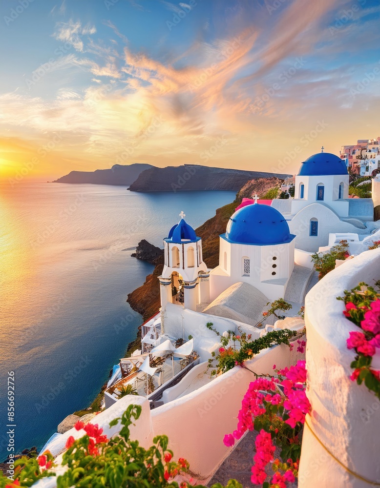 Naklejka premium Blue Domed Churches of Santorini at Sunset