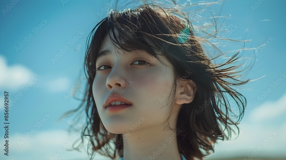 A pensive young woman in the wind under a blue sky with flowing hair A pensive young woman in the wind under a blue sky with flowing hair