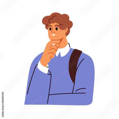 Pensive confused man thinking. Thoughtful doubting person touching face, chin with hand. Uncertain puzzled male character considering, pondering. Flat vector illustration isolated on white background