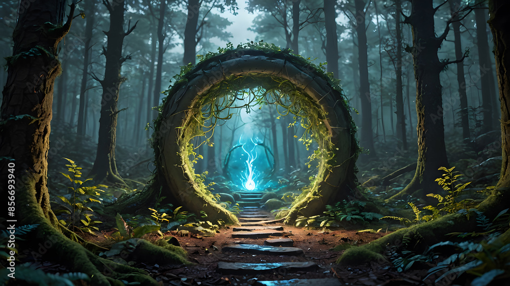 Mysterious portal in the forest A scene where a glowing portal opens in ...