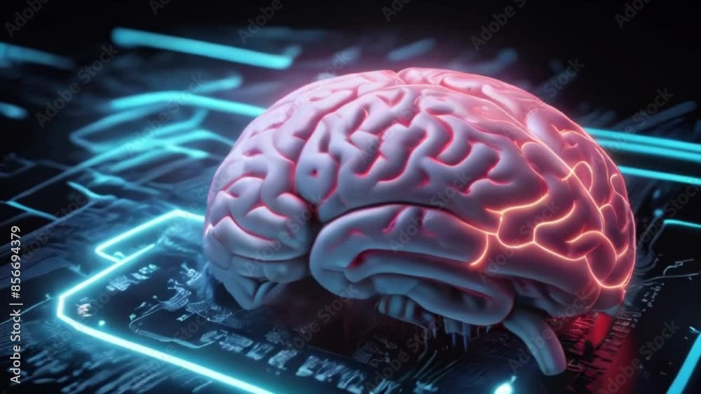 3D human brain on a electronic circuit with neon light. Generate AI. 3D human brain on a electronic circuit with neon light. Generate AI.