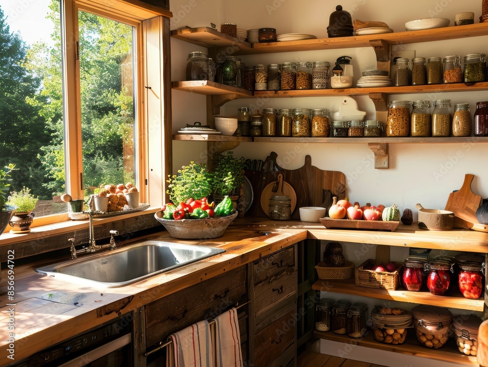 Cozy rustic kitchen with wooden shelves, jars of preserves, fresh herbs, and vegetables by a sunny window. Perfect homestead setting. Cozy rustic kitchen with wooden shelves, jars of preserves, fresh herbs, and vegetables by a sunny window. Perfect homestead setting.
