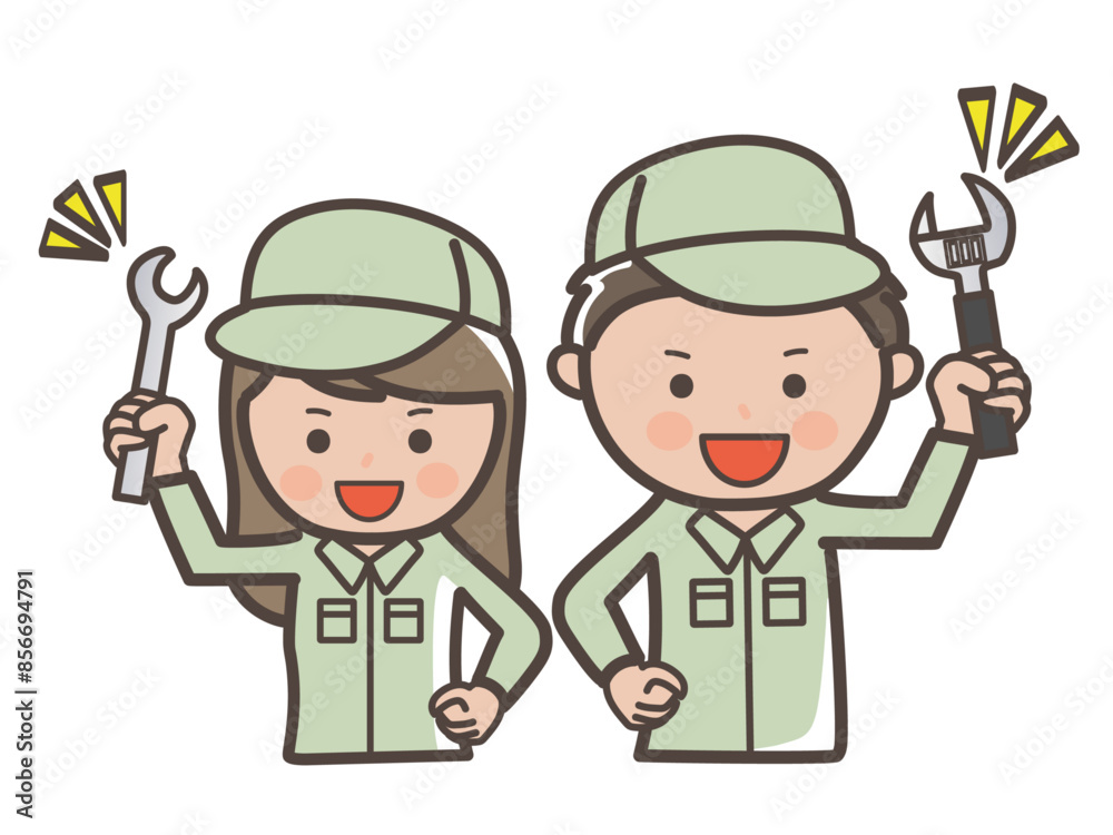 工具を持ってファイトのポーズをする男女作業員(清掃員)のイラスト 工具を持ってファイトのポーズをする男女作業員(清掃員)のイラスト