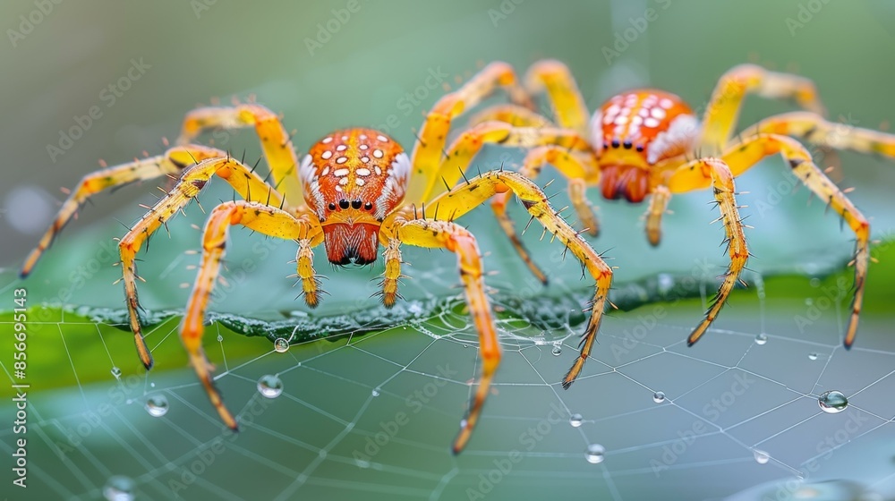 Fototapeta premium Two vibrant red-striped spider crabs perched on a green leaf.