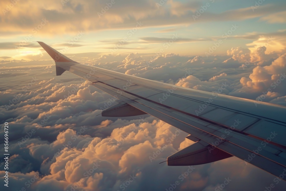 Wing In Flight: Airplane Over Sunny Sky Traveling Across Nature Wing In Flight: Airplane Over Sunny Sky Traveling Across Nature