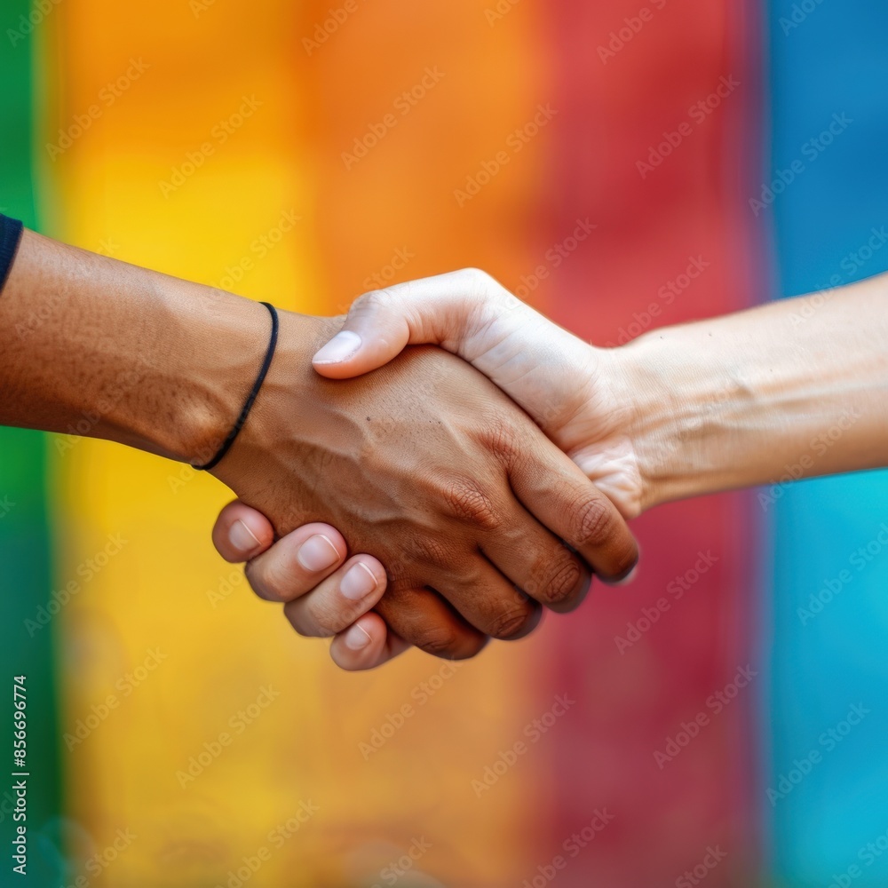 Two hands shaking in a handshake. The handshake is between two people of different races. The handshake is a symbol of peace and unity Two hands shaking in a handshake. The handshake is between two people of different races. The handshake is a symbol of peace and unity