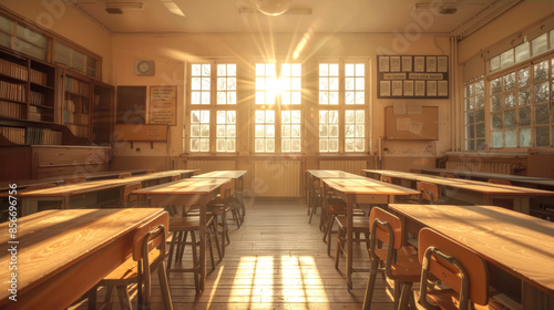 Sunlit Empty Classroom with Wooden Desks and Large Windows