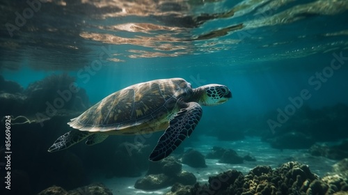 Sea turtle swimming near a coral reef © PAKCIK