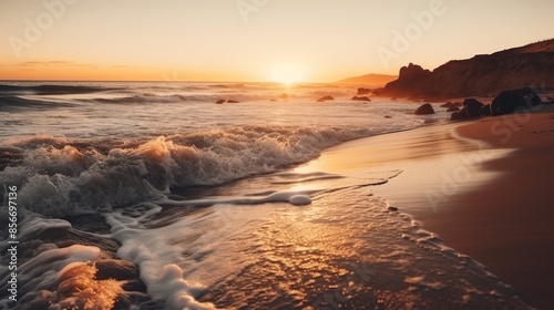 Stunning sunset over a tranquil beach with soft waves