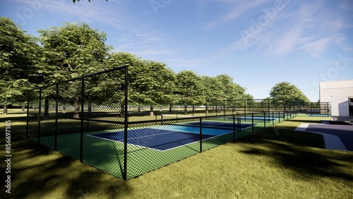 Empty Pickle ball courts with green and blue color