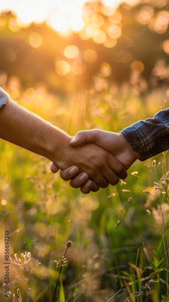 Two people shaking hands in a field. Scene is peaceful and friendly. The idea is that the two people are making a connection or agreement with each other Two people shaking hands in a field. Scene is peaceful and friendly. The idea is that the two people are making a connection or agreement with each other