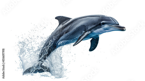 A friendly dolphin leaping out of the water, with droplets surrounding it, against a white background.