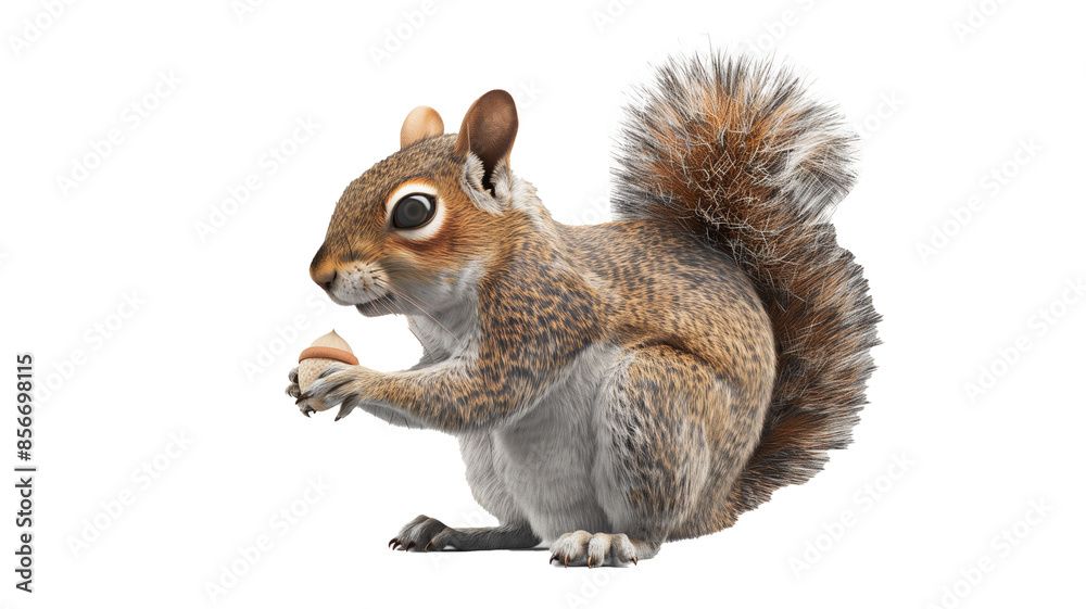 A realistic rendering of a small, curious-looking squirrel holding an acorn, on a white background. A realistic rendering of a small, curious-looking squirrel holding an acorn, on a white background.