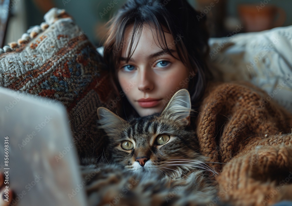 Young girl sleeping with a kitten on a knitted blanket. A girl and a cat. Teenagers and pets.