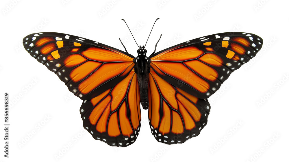 Fototapeta premium A vibrant and beautifully detailed monarch butterfly with its wings open, displayed on a white background.
